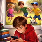 Kind hängt vor dem Handy, während andere in der Natur spielen